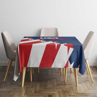 USA soccer tablecloth, blue with red and white stars and stripes, fully draped table