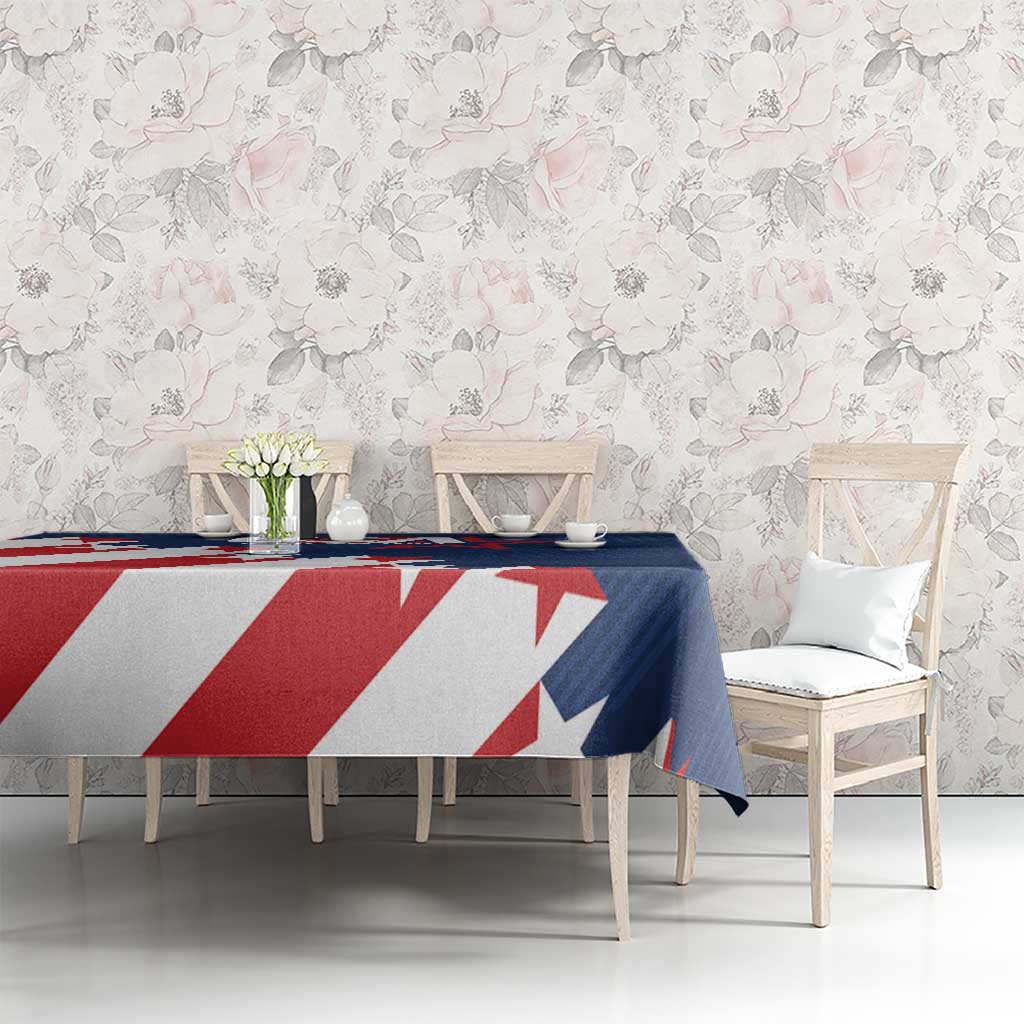 USA soccer tablecloth, navy blue top with red/white star and stripe motif on table