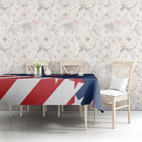 USA soccer tablecloth, navy blue top with red/white star and stripe motif on table