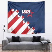 USA soccer wall tapestry with blue design, red/white diagonal stripes, and starburst USA “Play to Win”
