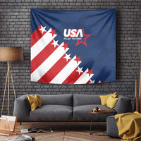 USA soccer wall tapestry featuring USA “Play to Win” text, blue background, red/white diagonal stripes