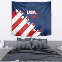 USA soccer wall tapestry: blue backdrop with red/white diagonal stripes and scattered stars under USA logo