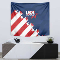 USA soccer wall tapestry with blue background, red/white diagonal stripe panel, and USA star accents