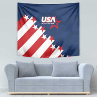 USA soccer wall tapestry with blue field, red/white diagonal stripes, and USA “Play to Win” star banner