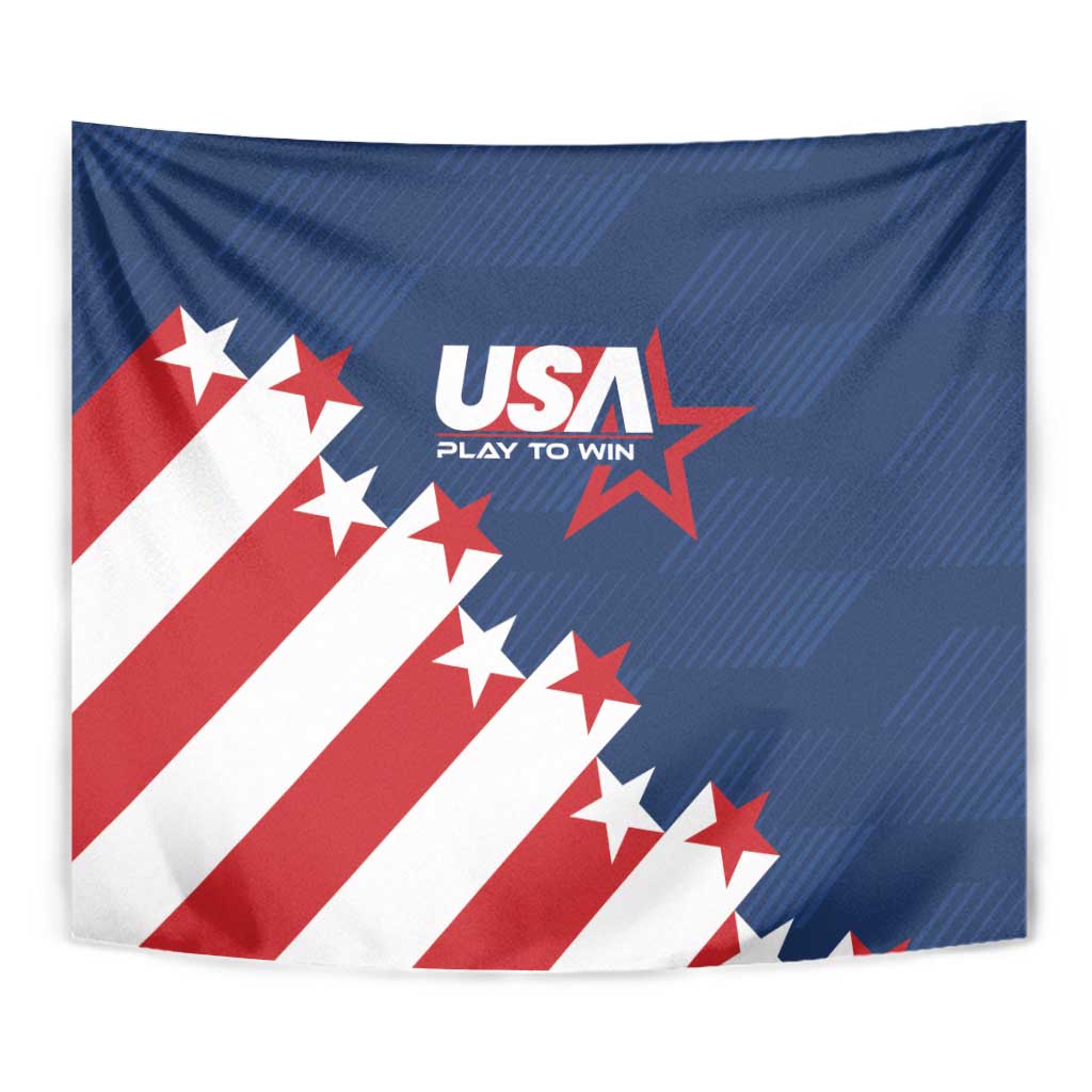 USA soccer wall tapestry: blue field with red/white diagonal stripes, stars, USA “Play to Win”