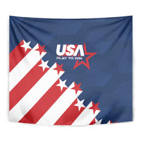 USA soccer wall tapestry: blue field with red/white diagonal stripes, stars, USA “Play to Win”