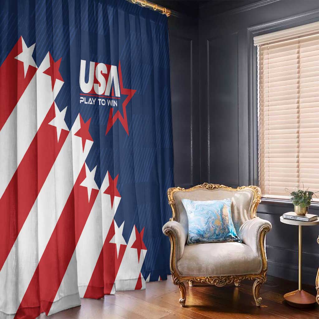 USA soccer window curtain with 'USA PLAY TO WIN' text, blue and patriotic star stripes