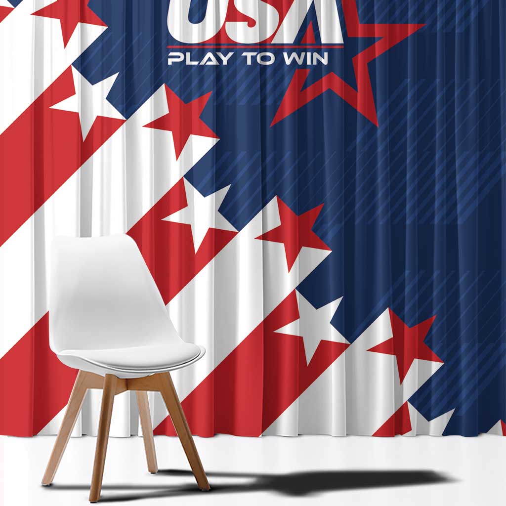 USA soccer window curtain close-up, blue field with red and white stars and stripes