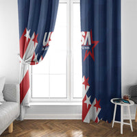 USA soccer window curtain, blue and red-white star stripe design at a window
