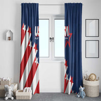 USA soccer window curtain set, blue panels with red-white stripes and stars near doors