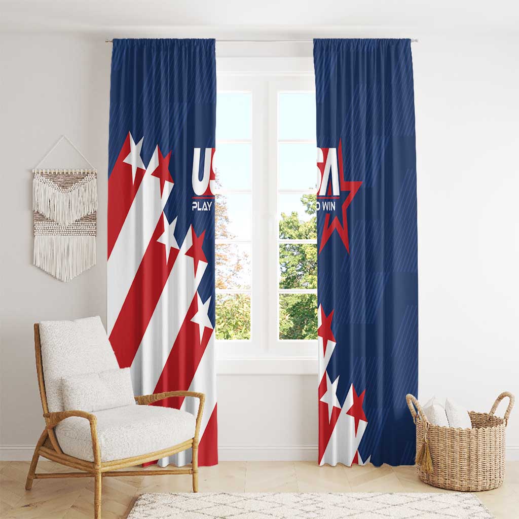 USA soccer window curtain, blue with red-and-white stripe and star graphic