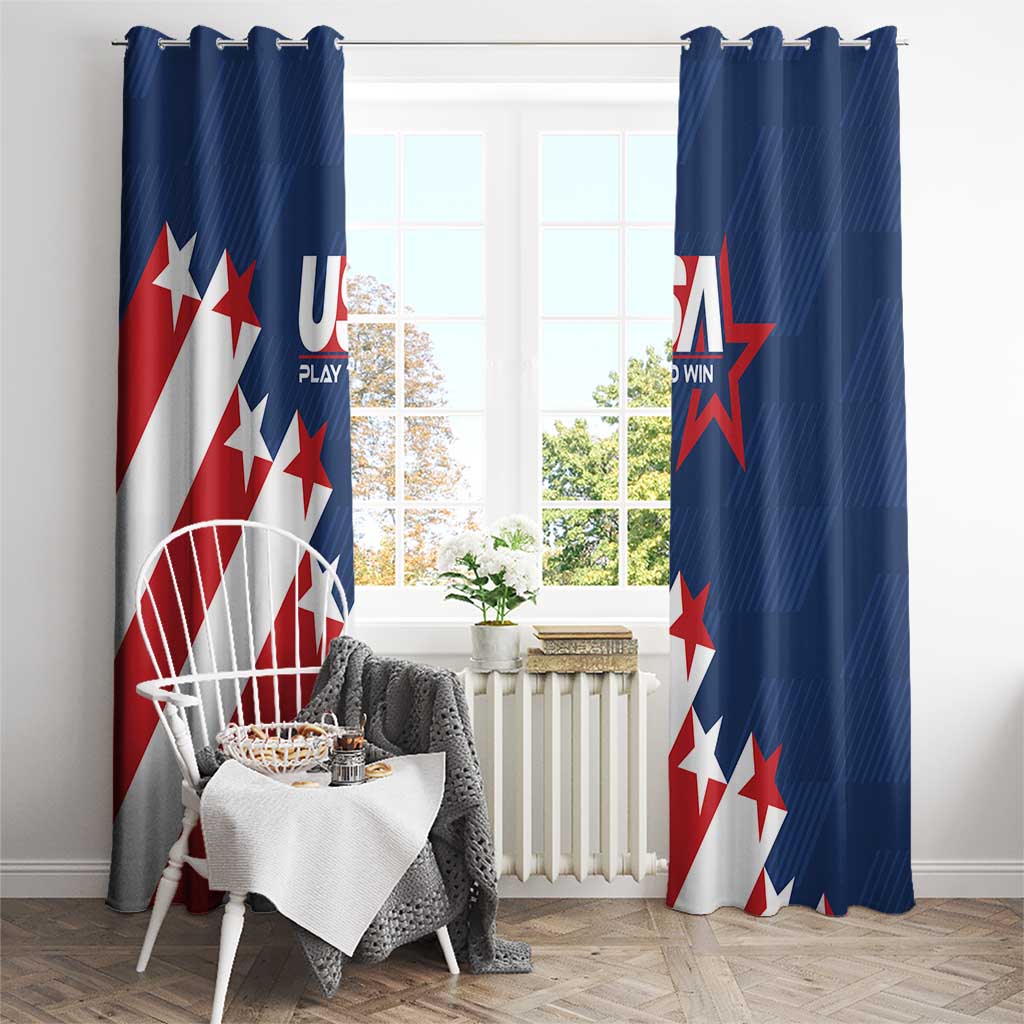 USA soccer window curtain set, blue top loops with star-and-stripe patriotic print