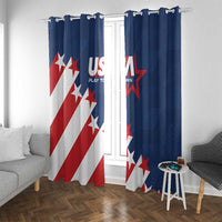 USA soccer window curtain set with hooks, blue panels and red-white USA star print