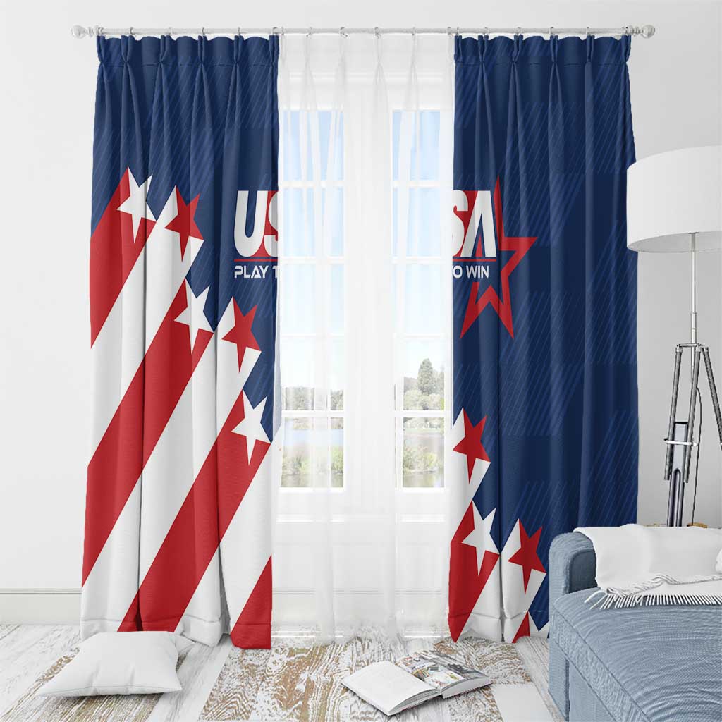 USA soccer window curtain set, blue panels with ring header and patriotic star stripes