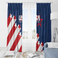 USA soccer window curtain set, blue panels with ring header and patriotic star stripes