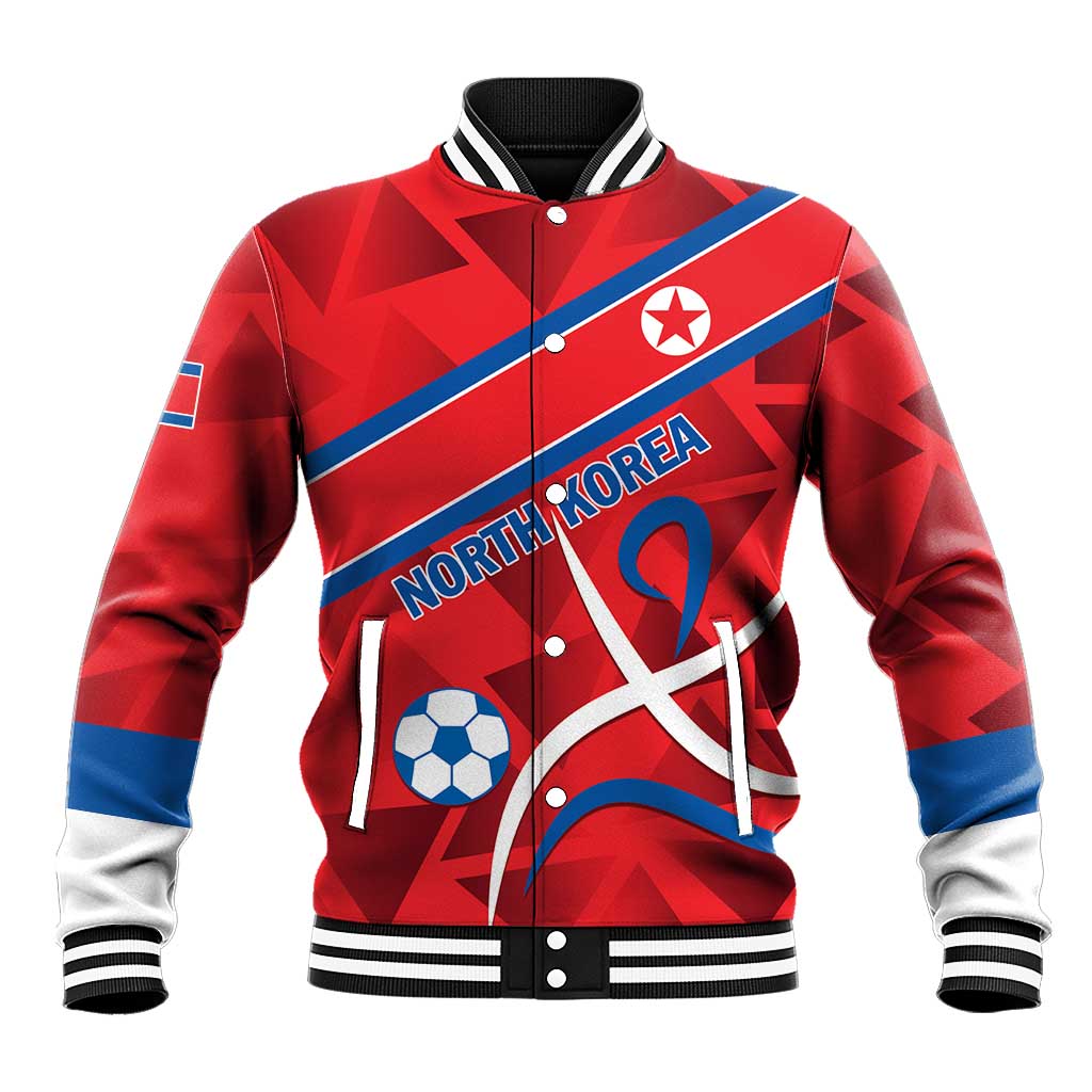 Red varsity baseball jacket with snap buttons, blue diagonal stripe and 'NORTH KOREA' '01' front.