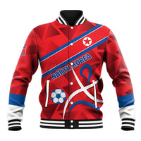 Red varsity baseball jacket with snap buttons, blue diagonal stripe and 'NORTH KOREA' '01' front.