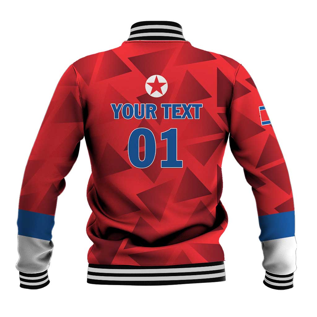 Red baseball jacket, ribbed striped collar, blue star emblem and '01' on back.
