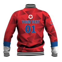 Red baseball jacket, ribbed striped collar, blue star emblem and '01' on back.