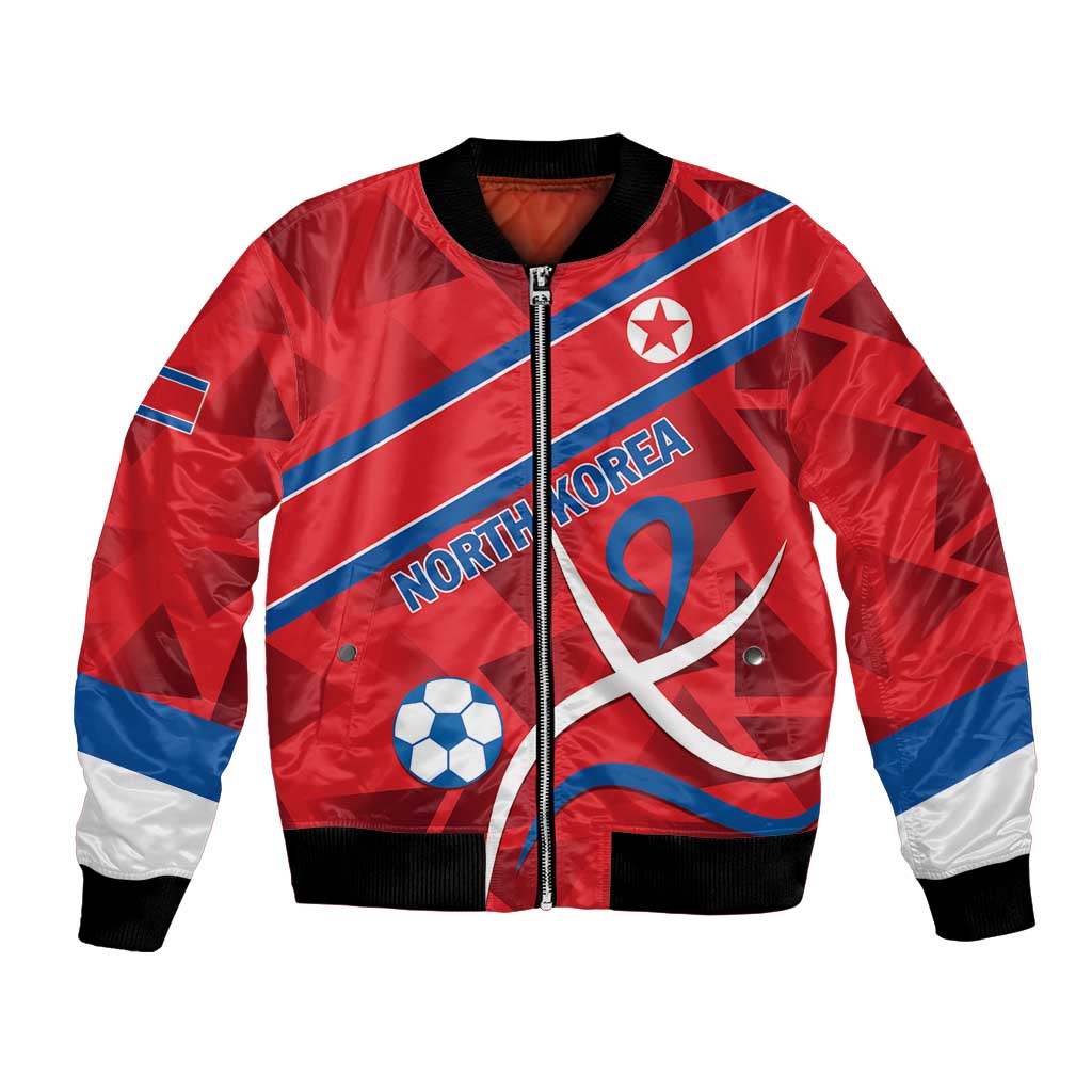 Red bomber jacket with front zipper, North Korea flag graphic, white cuff sleeves