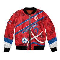 Red bomber jacket with front zipper, North Korea flag graphic, white cuff sleeves