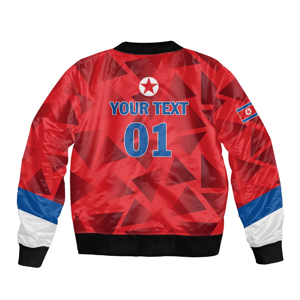 Red bomber jacket back with YOUR TEXT and 01 graphic, blue accents