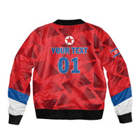 Red bomber jacket back with YOUR TEXT and 01 graphic, blue accents
