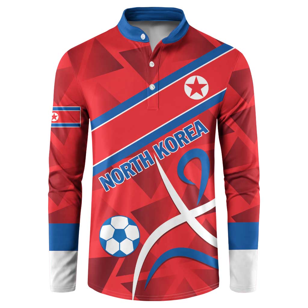Red football button sweatshirt with blue sleeve stripes and North Korea front graphic