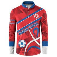 Red football button sweatshirt with blue sleeve stripes and North Korea front graphic