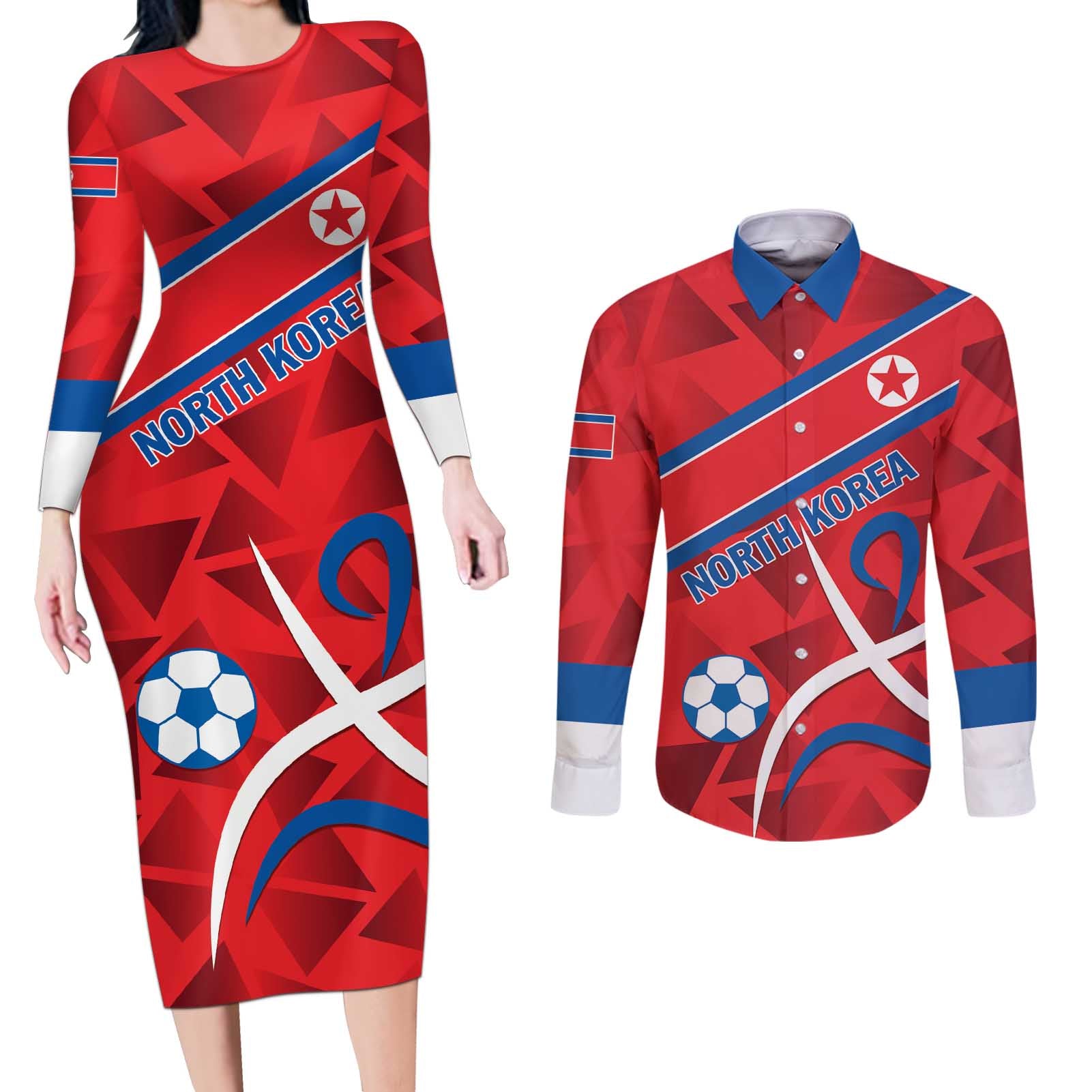 Custom North Korea Football Couples Matching Long Sleeve Bodycon Dress and Long Sleeve Button Shirt Go Champion - Wonder Print Shop