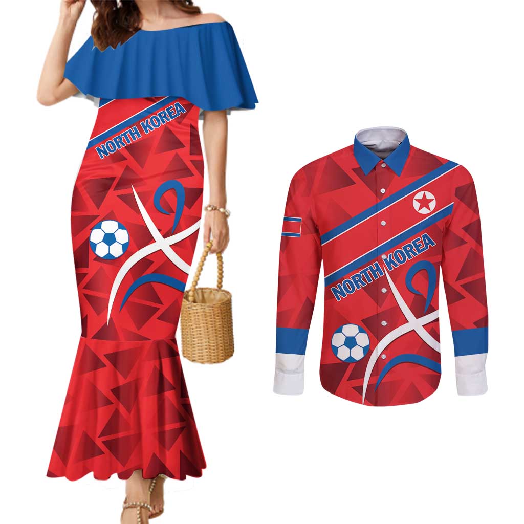 Custom North Korea Football Couples Matching Mermaid Dress and Long Sleeve Button Shirt Go Champion