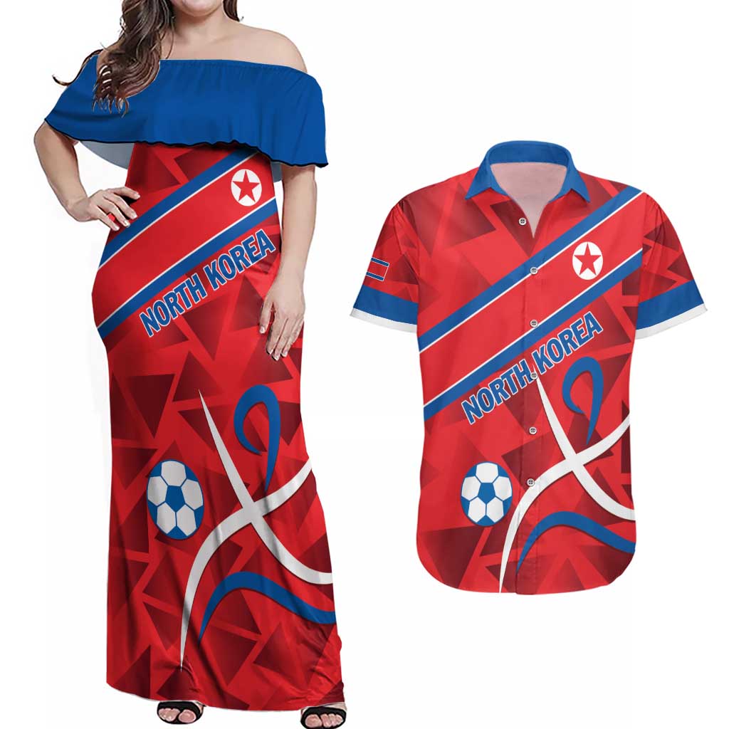 Custom North Korea Football Couples Matching Off Shoulder Maxi Dress and Hawaiian Shirt Go Champion - Wonder Print Shop