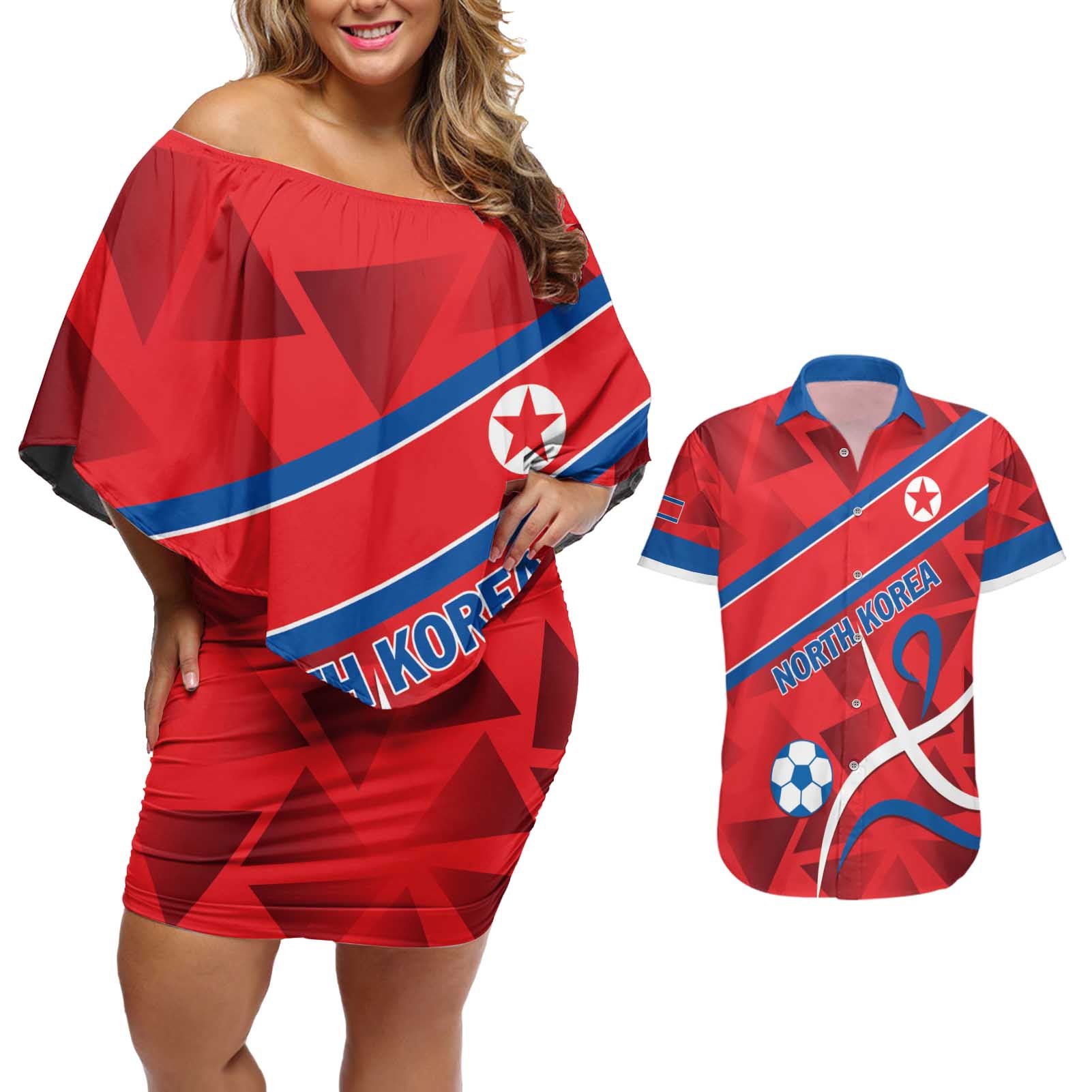 Custom North Korea Football Couples Matching Off Shoulder Short Dress and Hawaiian Shirt Go Champion - Wonder Print Shop