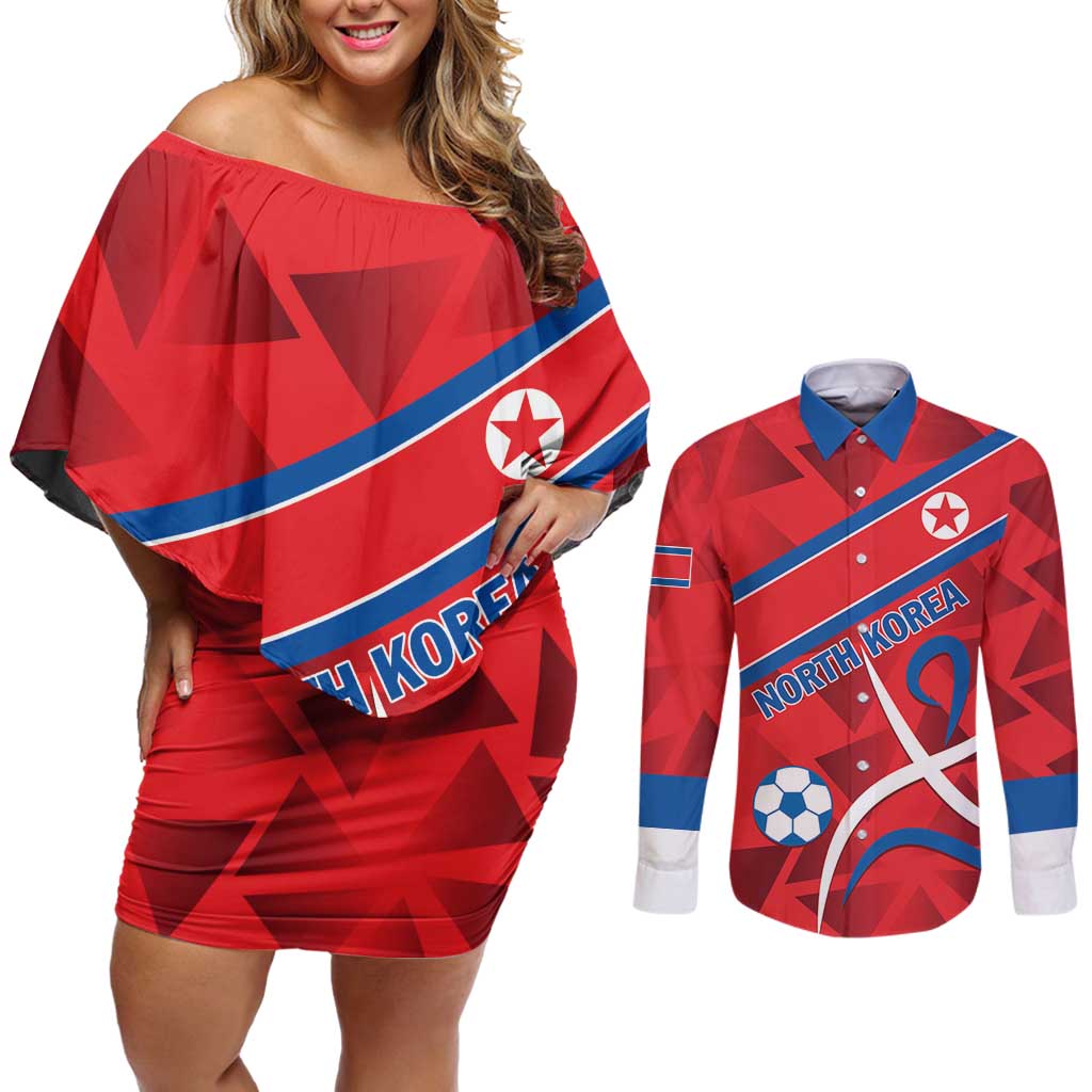 Custom North Korea Football Couples Matching Off Shoulder Short Dress and Long Sleeve Button Shirt Go Champion - Wonder Print Shop