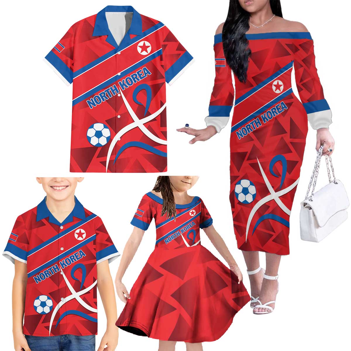 Custom North Korea Football Family Matching Off The Shoulder Long Sleeve Dress and Hawaiian Shirt Go Champion - Wonder Print Shop