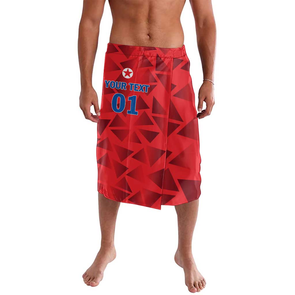 Red geometric wrap skirt with elastic waistband and bold graphic print, knee length