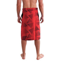 Red geometric wrap skirt viewed from back, elastic waistband with seam detail