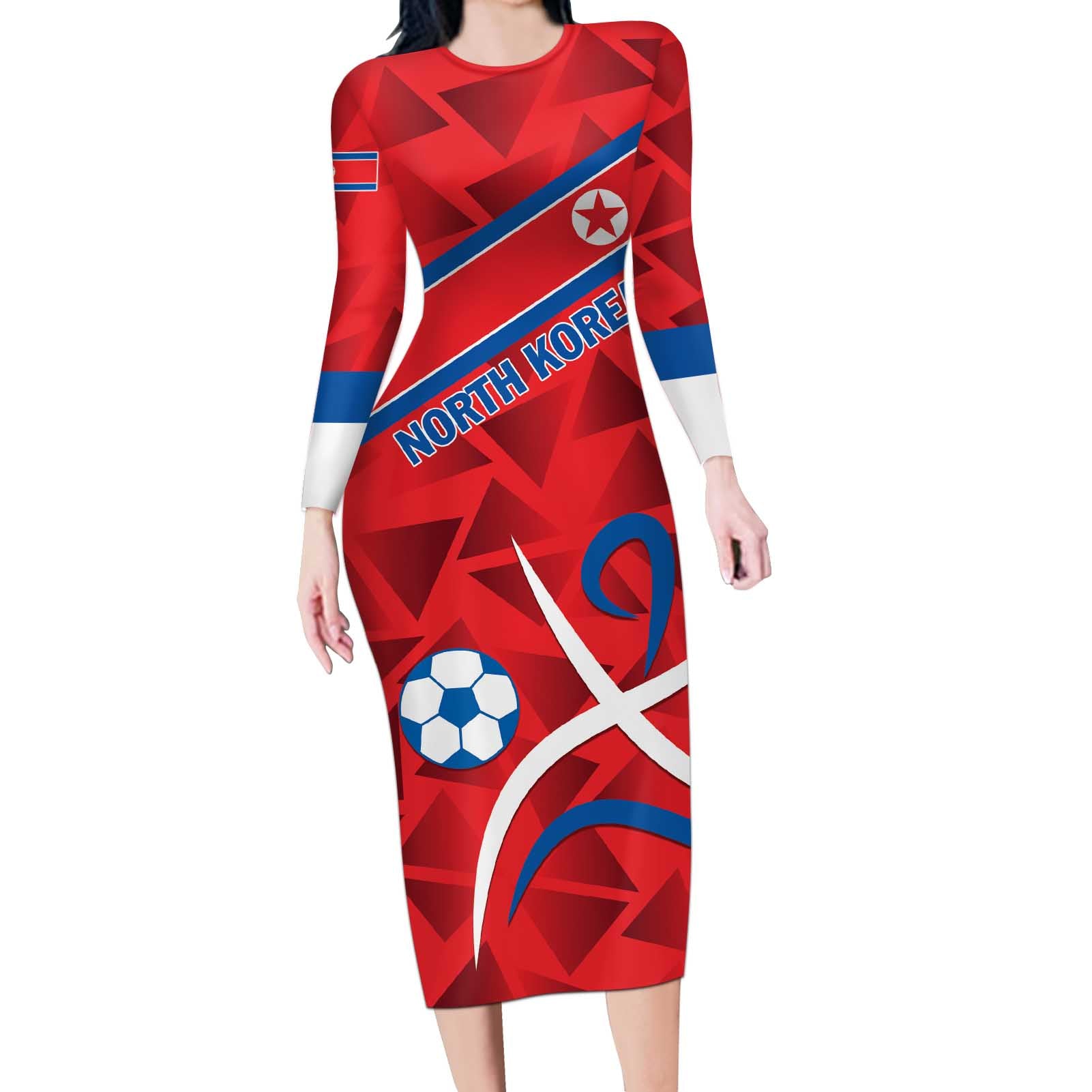 Custom North Korea Football Long Sleeve Bodycon Dress Go Champion - Wonder Print Shop