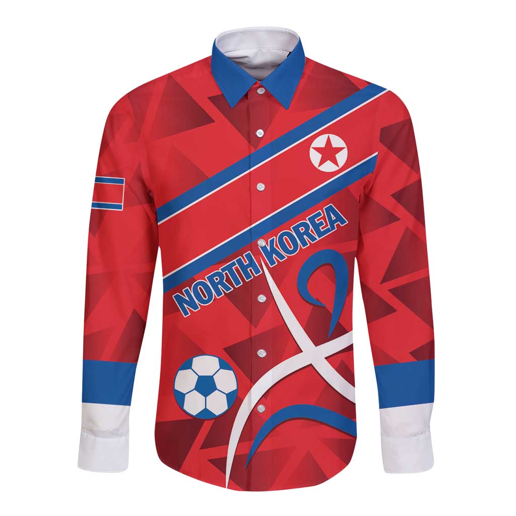 Red long-sleeve button shirt with blue diagonal, 'NORTH KOREA', soccer ball graphic