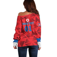 Red off-shoulder football sweater back with 'YOUR TEXT' and '01' print, blue sleeve cuffs
