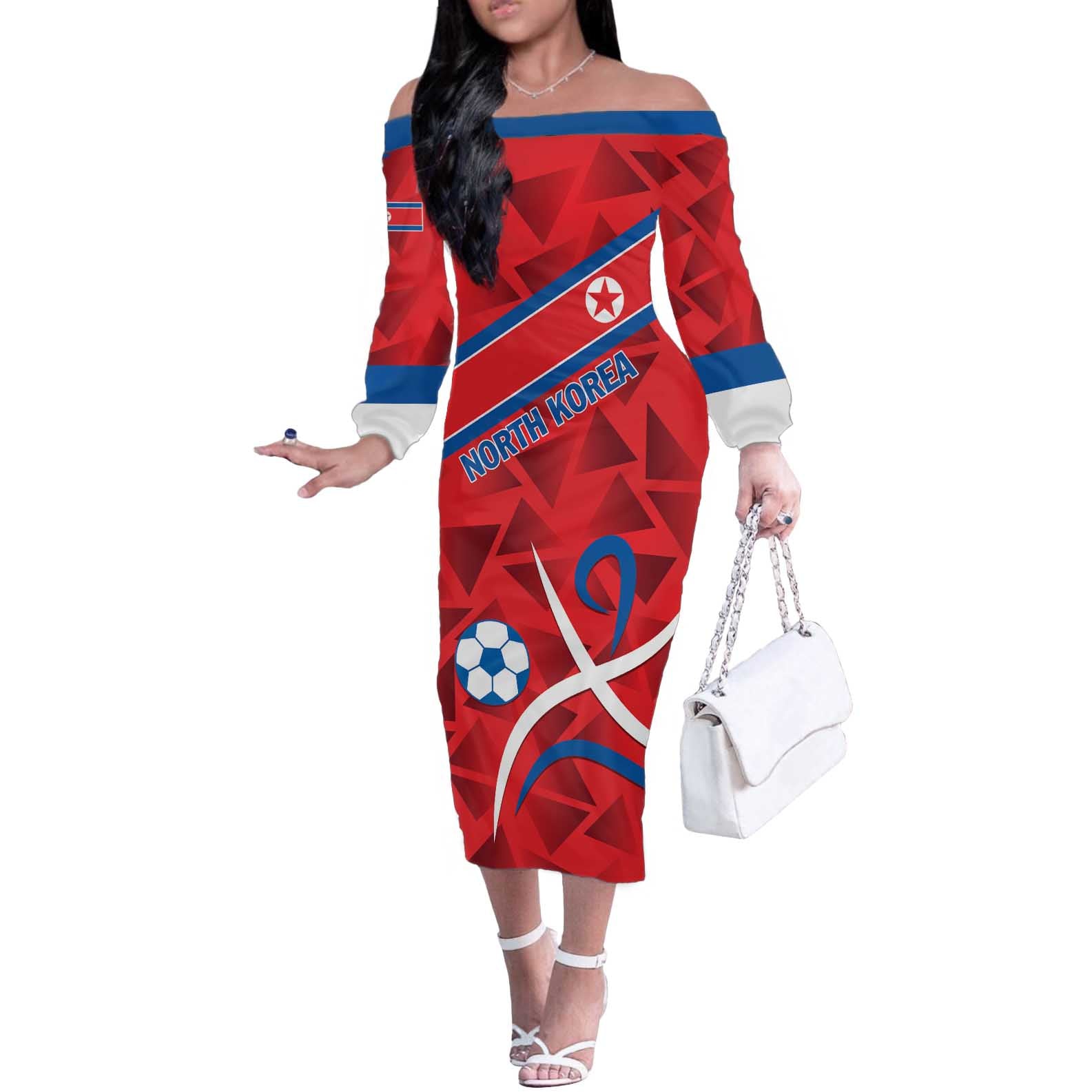 Custom North Korea Football Off The Shoulder Long Sleeve Dress Go Champion - Wonder Print Shop