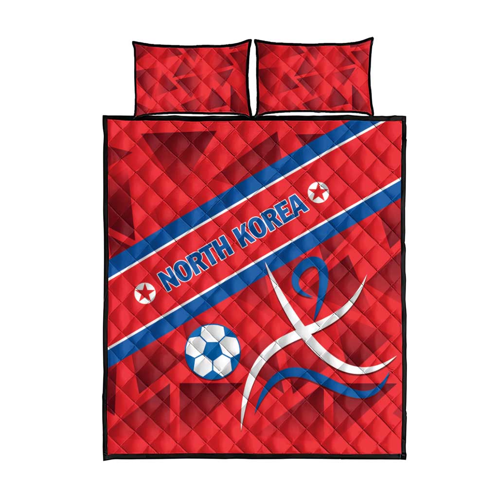 Red North Korea quilt bed set with two matching pillows, blue diagonal stripe and soccer ball