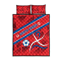 Red North Korea quilt bed set with two matching pillows, blue diagonal stripe and soccer ball