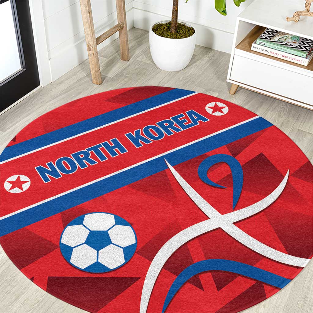 Round red North Korea rug with blue stripe band, “NORTH KOREA” lettering, star and ball
