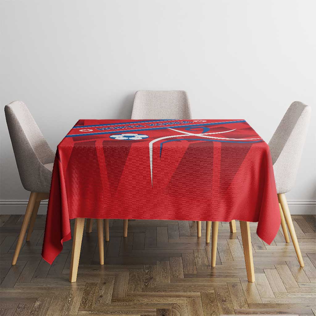 Red football-themed tablecloth with North Korea flag stripe and bold game graphics