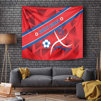 Red tapestry with North Korea text along blue stripe, soccer ball and ribbon emblem