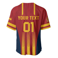 Red football jersey back with YOUR TEXT 01, yellow number print, striped sleeves, V-neck