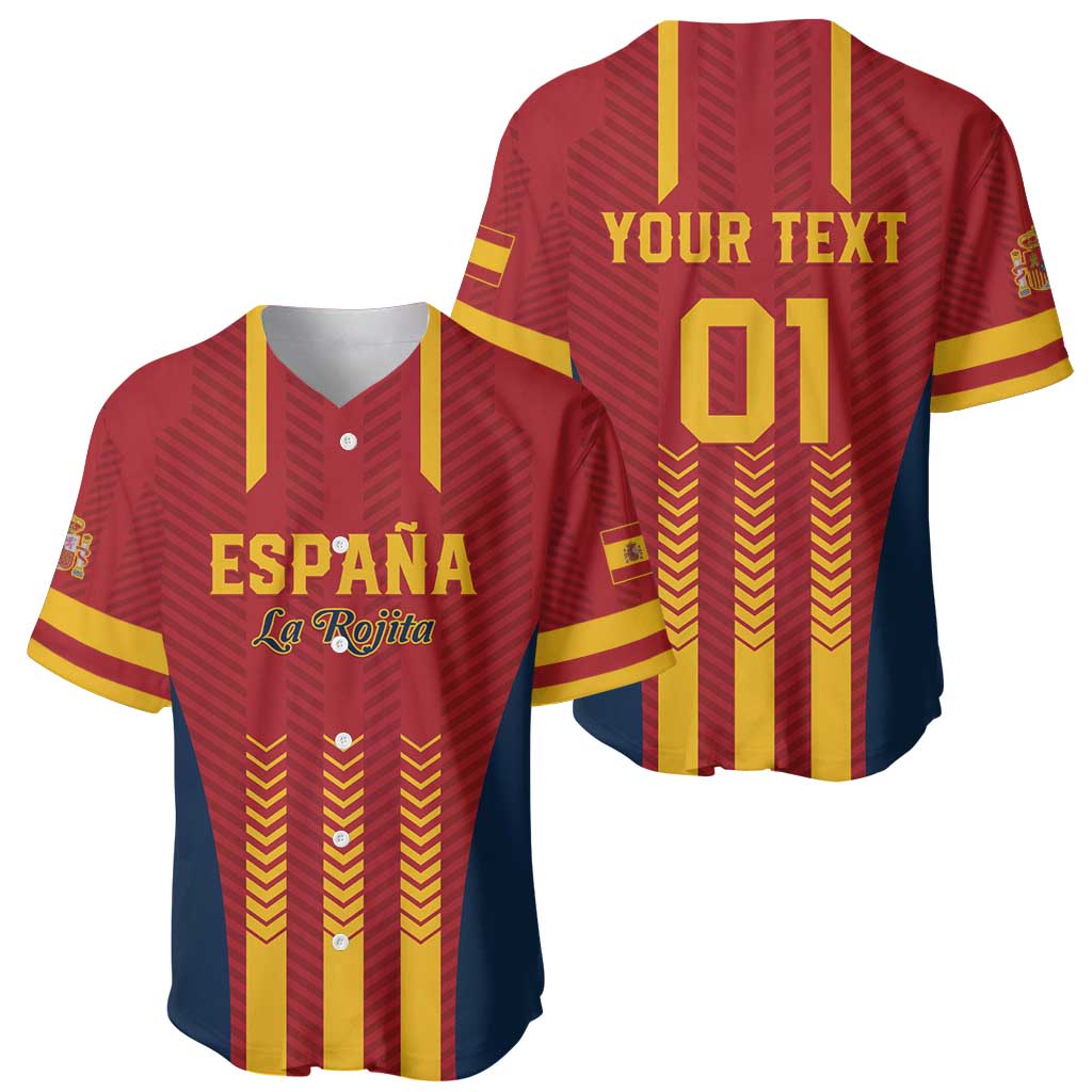 Custom Spain baseball jersey in red with yellow stripes, front and back views