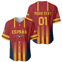 Custom Spain baseball jersey in red with yellow stripes, front and back views
