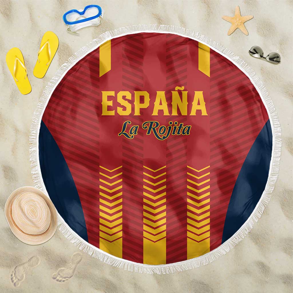 Round Spain football beach blanket with fringe, red with yellow and navy graphics